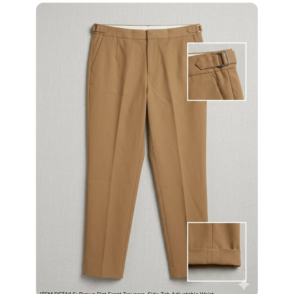 Riley & Rae Brown Flat Front Trousers Side Tab Adjustable Waist Tapered Pants 10